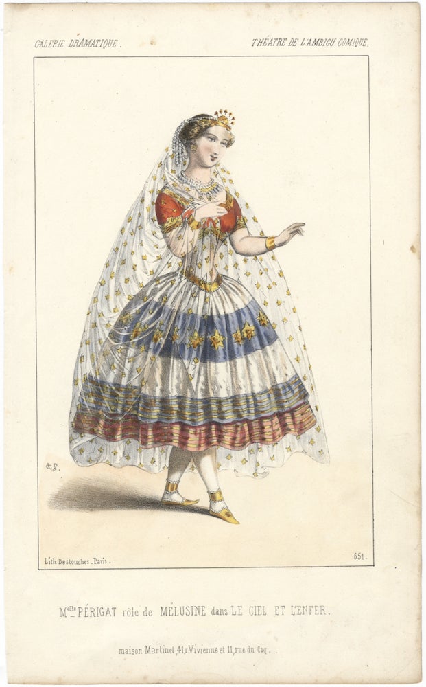 Item #24813 Hand-coloured lithograph by Destouches of Mlle. Périgat in the role of Mélusine in the play Le Ciel et L'Enfer. THEATRE PRINT.