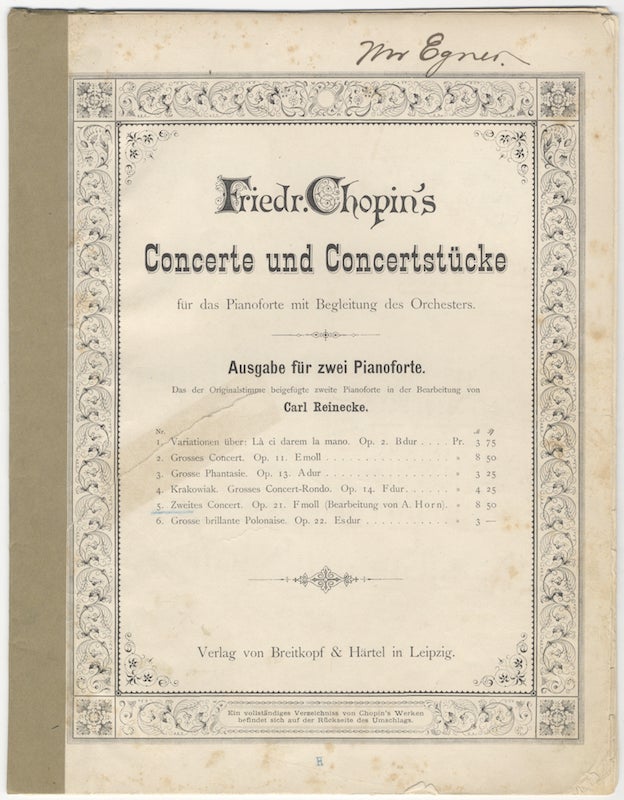 Item #24862 [Op. 21, arr]. Zweites Concert. Op. 21. F moll (Bearbeitung von A. Horn) [Pr.] M 8 Pf 50. [Pianoforte II part only (= reduction of orchestral score)]. Frédéric CHOPIN.