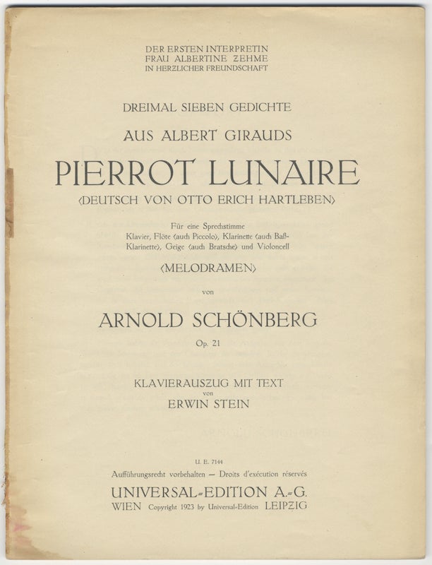 Item #24955 [Op. 21]. Dreimal sieben Gedichte aus Albert Girauds Pierrot Lunaire [Piano-vocal score]. Arnold SCHOENBERG.