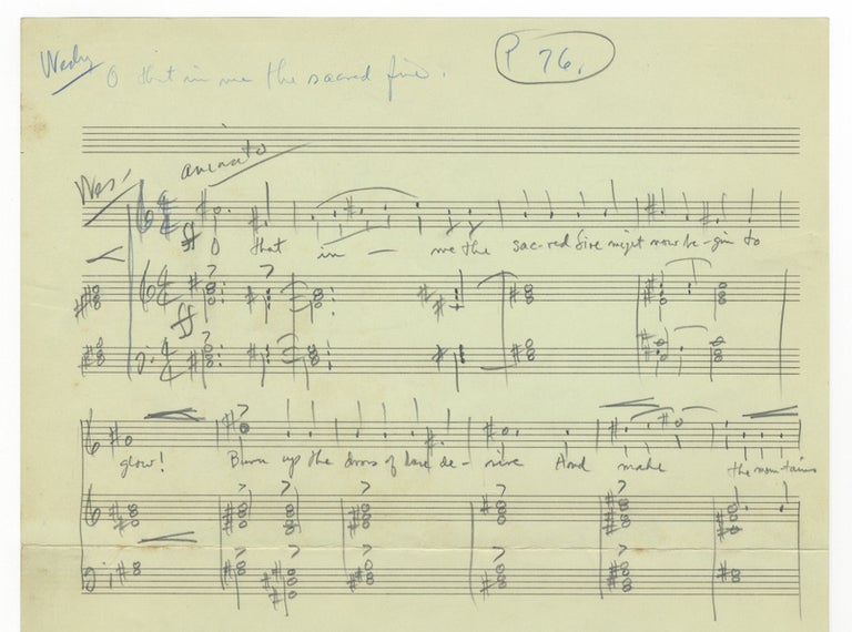 Item #25261 The Invisible Fire. Autograph musical sketch and fragment of typed libretto of an oratorio based on the life of John Wesley, with autograph annotations. Cecil EFFINGER.