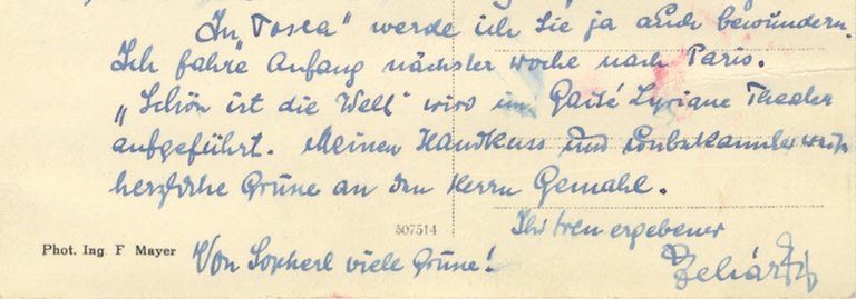 Item #25305 Autograph note signed "Lehár Fr" to Maria Jeritza. Franz LEHÁR.