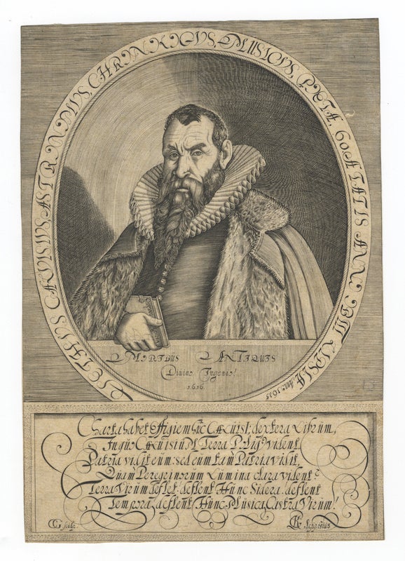 Item #25614 Fine half-length portrait engraving in formal dress holding a copy of his "Chronologia." Dated 1616. Sethus CALVISIUS.