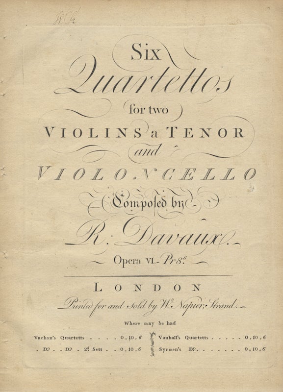 Item #25685 [Op. 6]. Six Quartettos for two Violins a Tenor and Violoncello ... Opera VI. [Parts]. Jean-Baptiste DAVAUX.