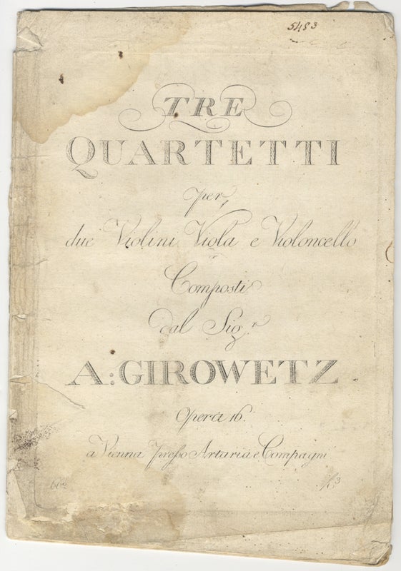 Item #25702 [Op. 16]. Tre Quartetti per due Violini Viola e Violoncello... Opera 16... fl. 3. [Parts]. Adalbert GYROWETZ.