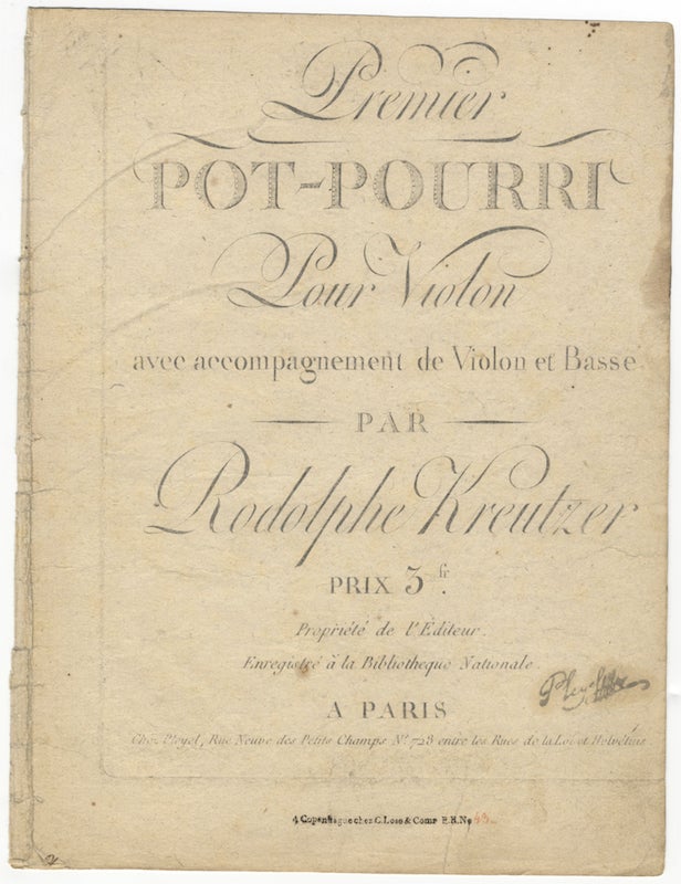 Item #25746 Premier Pot-Pourri Pour Violon avec accompagnement de Violon et Basse... Prix 3 fr. [Parts]. Rodolphe KREUTZER.