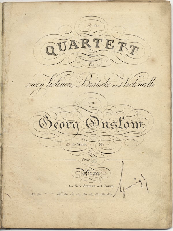 Item #25799 [Op. 10, nos. 1-2]. [10...11]tes Quartett für zwey Violinen, Bratsche und Violoncelle... [10]tes Werk No. [1...2] Preis [blank]. [Parts]. George ONSLOW.