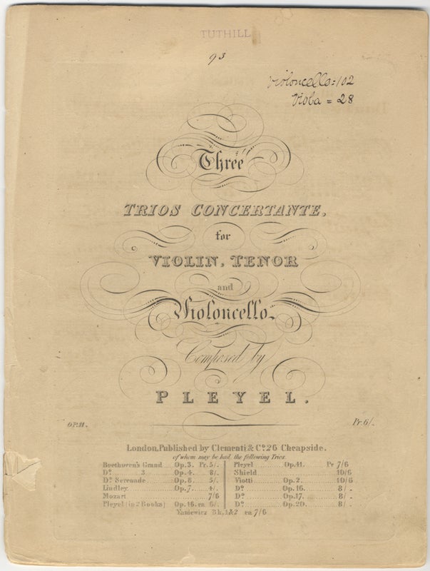 Item #25844 [B. 401-403]. Three Trios Concertante, for Violin, Tenor [i.e., Viola] and Violoncello... Op. 11. Pr. 6/_. [Parts]. Ignaz PLEYEL.