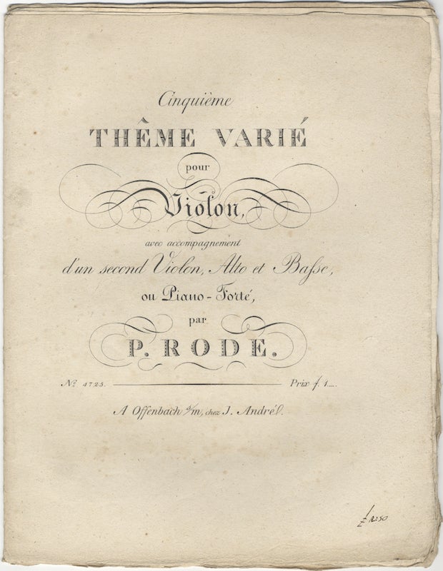 Item #25901 Cinquième Thême varié pour Violon, avec accompagnement d'un second Violon, Alto et Basse, ou Piano-Forté... Prix f. 1. [Parts]. Pierre RODE.