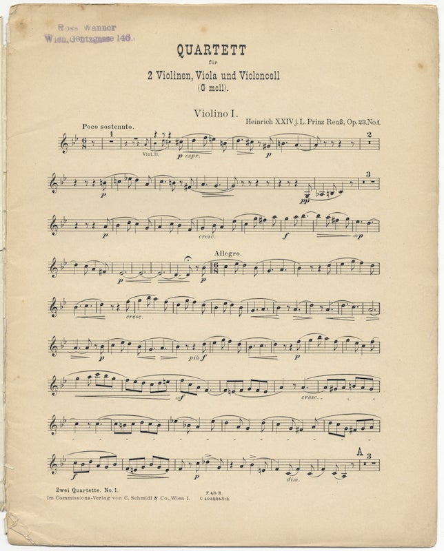 Item #25932 [Op. 23, no. 1]. Zwei Quartette für 2 Violinen, Viola und Violoncell von Heinrich XXIV. j[üngerer] L[inie] Prinz Reuss. Op. 23. No. 1. G Moll... Stimmen Kr. 9,— / M 5,—. [Parts]. Heinrich REUSS.