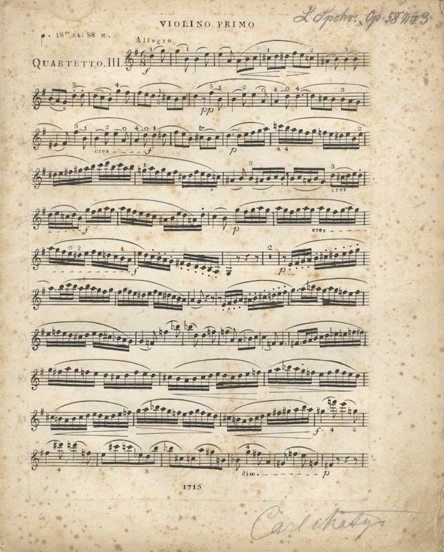 Item #25965 [Op. 58, no. 3]. [Trois Quatuors pour deux Violons, Viola et Violoncelle Composés et Dédiés à Son Ami Guillaume Speyer à Offenbach... Oeuv. 58. No. III. Rthlr. 1.16 gr.]. [Parts]. Louis SPOHR.