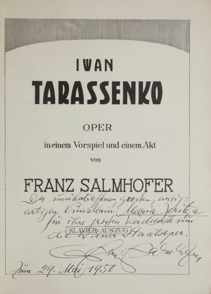 Item #26095 Iwan Tarassenko Oper in einem Vorspiel und einem Akt... Klavier-Auszug. [Piano-vocal score]. Franz SALMHOFER.