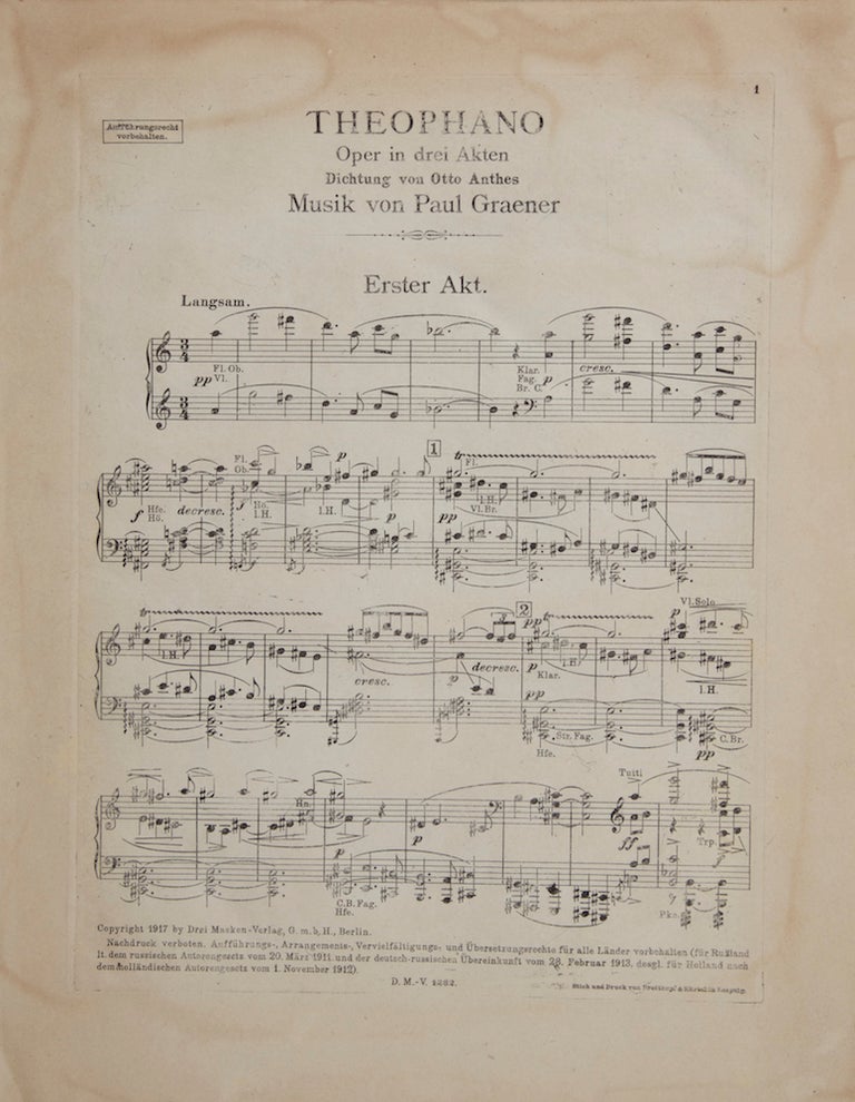 Item #26451 [Op. 48]. [Theophano Oper in drei Aufzügen Dichtung von Otto Anthes... op. 48 Klavierauszug von Franz Rau]. [Piano-vocal score]. Paul GRAENER.