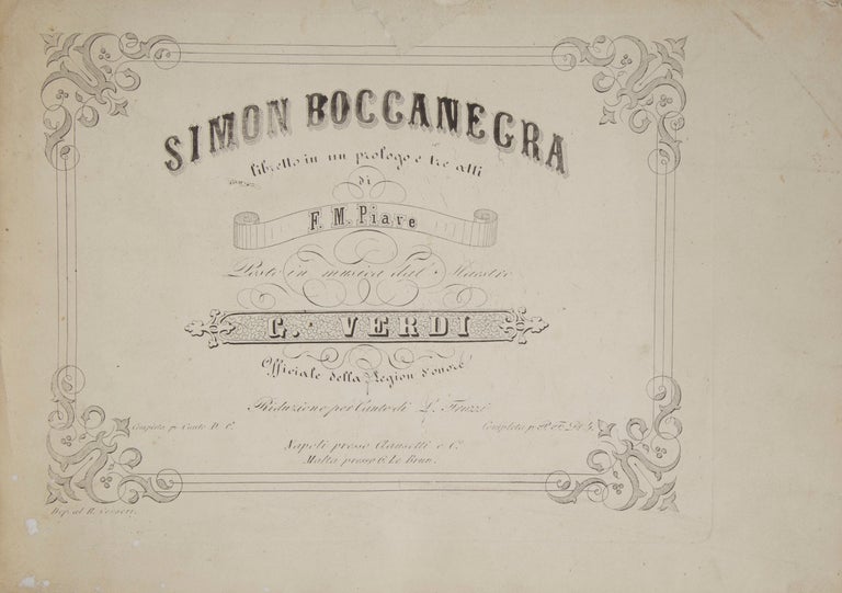 Item #26461 Simon Boccanegra libretto in un prologo e tre atti di F.M. Piave... Riduzione per Canto di L. Truzzi... Completa p. Canto D. 6. [Piano-vocal score]. Giuseppe VERDI.