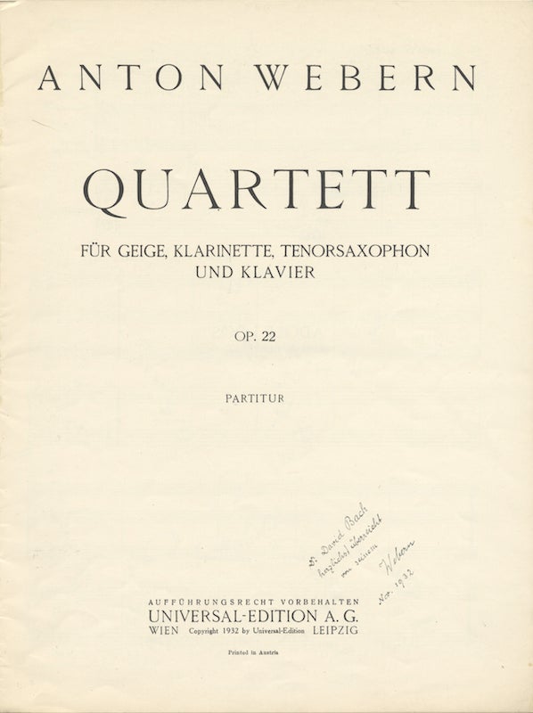 Item #26554 [Op. 22]. Quartett für Geige, Klarinette, Tenorsaxophon und Klavier. [Full score]. Anton WEBERN.