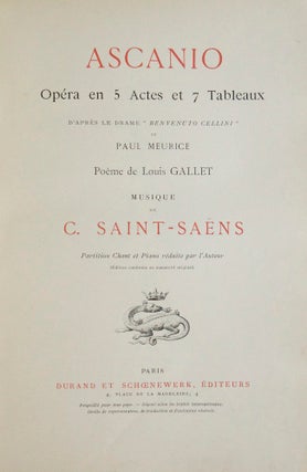 Item #26602 Ascanio Opéra en 5 Actes et 7 Tableaux D'Après Le Drame "Benvenuto Cellini" Camille...