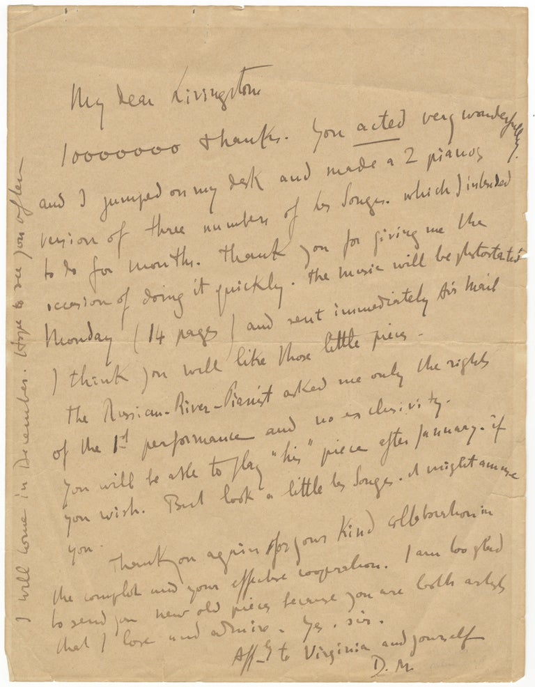 Item #26830 Autograph letter signed "D.M." to the American pianist, educator, composer, and arranger Livingston Gearhart. Darius MILHAUD.