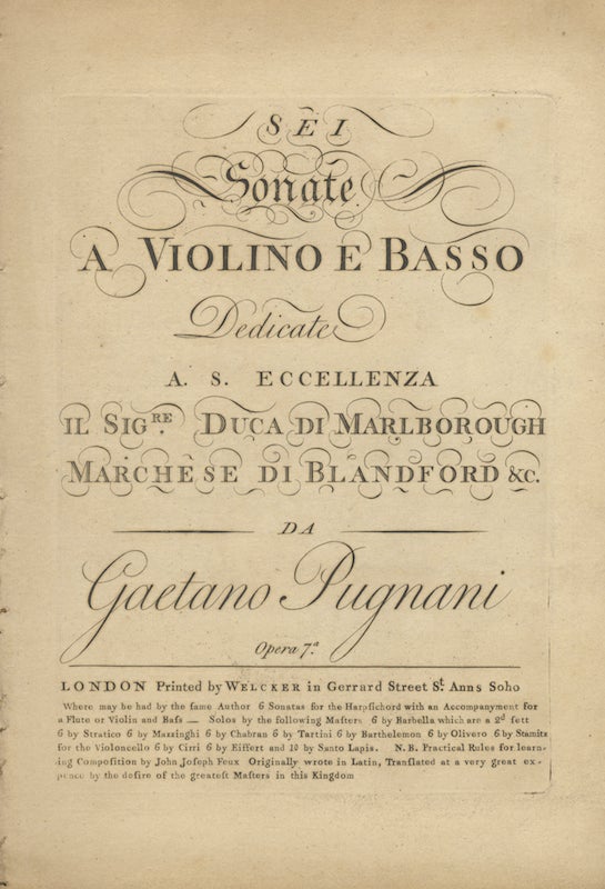 Item #26968 Sei Sonate a violino e basso Dedicate a. s. Eccellenza Il Sig.re Duca di Marlborough Marchese di Blandford &c... Opera 7a. [Score]. Gaetano PUGNANI.
