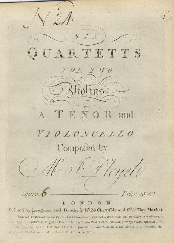 Item #26986 [B. 319-324]. Six Quartetts for two Violins, a Tenor [i.e., viola] and Violoncello Opera [6]. Prince 10s. 6d. [Parts]. Ignaz PLEYEL.