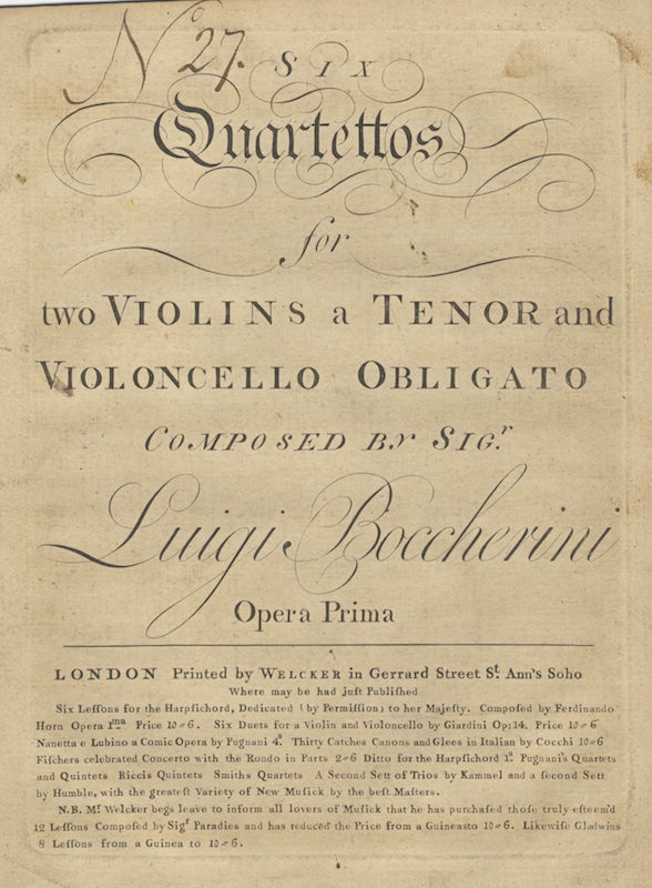 Item #26992 [G. 159-164]. Six Quartettos for two Violins a Tenor and Violoncello Obligato ... Opera Prima. [Parts; fragment]. Luigi BOCCHERINI.