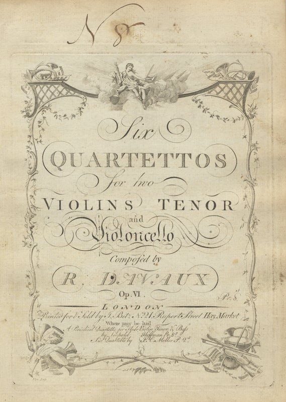 Item #26997 Six Quartettos for two Violins Tenor and Violoncello Composed by R. Davaux Op. VI. Pr. 8s. [Parts]. Jean-Baptiste DAVAUX.
