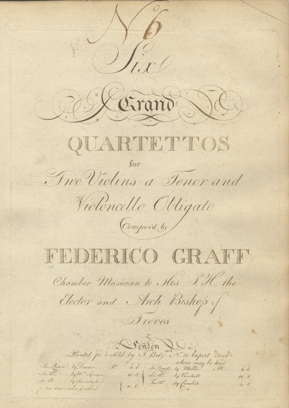 Item #27002 Six Grand Quartettos for Two Violins a Tenor and Violoncello Obligato Compos'd by Federico Graff. [Parts]. Friedrich Hartmann GRAF.