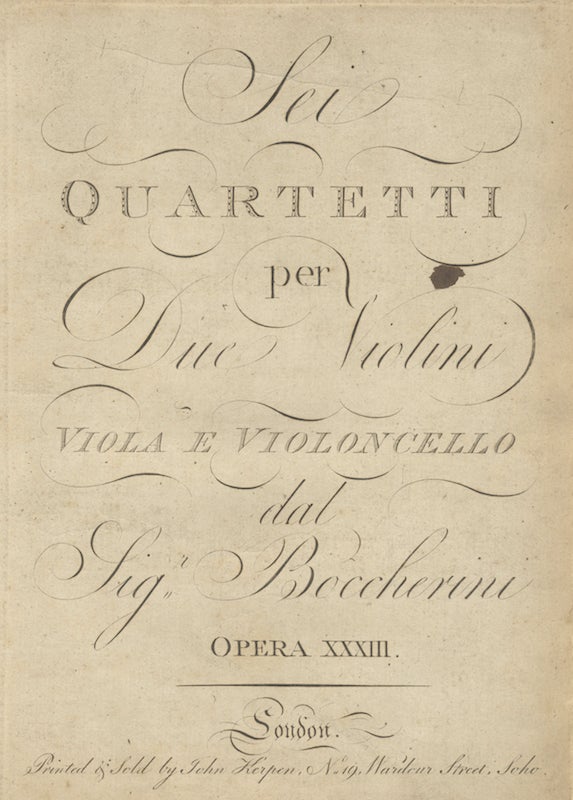 Item #27024 [G. 201-206]. Sei Quartetti per Due Violini Viola e Violoncello ... Opera XXXIII. [Parts]. Luigi BOCCHERINI.