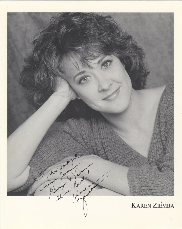 Item #27030 Bust-length photograph of the noted American singer, actress, and dancer signed in full and inscribed "To two wonderful music lovers – George & Vivian All the Best! Karen Ziemba" Karen b. 1957 ZIÉMBA.