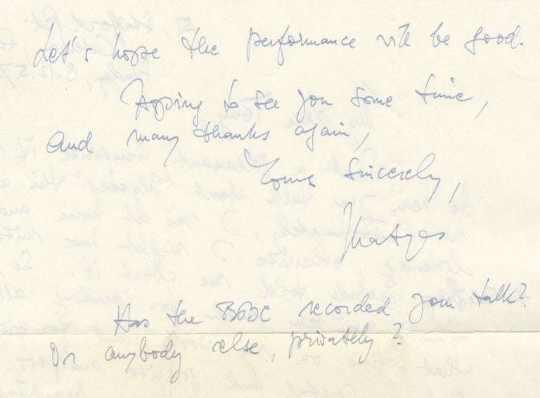 Item #27046 Autograph letter signed "Matyas" to the noted English composer, broadcaster, and writer on music Antony Hopkins. Mátyás SEIBER.