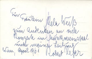 Postcard photograph of the distinguished German conductor and composer, signed, inscribed to Mela Weiss, and dated Vienna, April 1961 on verso