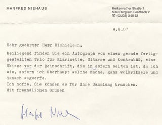 Item #27063 Typed letter signed in full to Dutch collector Peter Michielsen. Manfred NIEHAUS