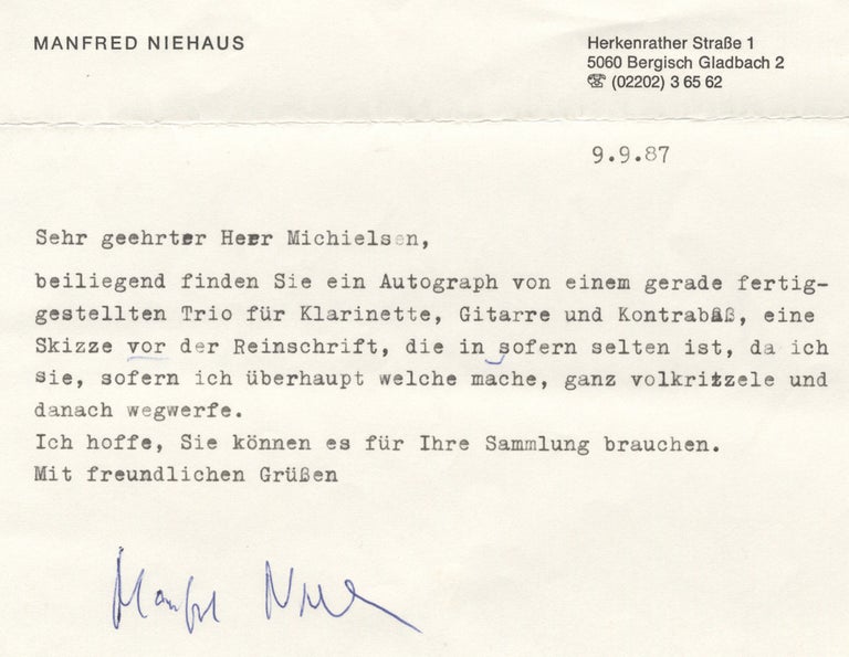 Item #27063 Typed letter signed in full to Dutch collector Peter Michielsen. Manfred NIEHAUS.