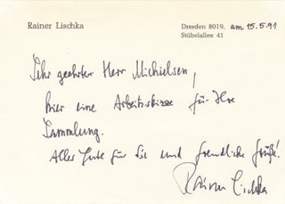 Item #27071 Autograph letter signed to Dutch collector Peter Michielsen. Rainer b. 1942 LISCHKA