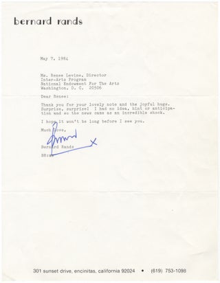 Item #27072 Typed letter signed "Bernard" to the noted music administrator and author Renée...
