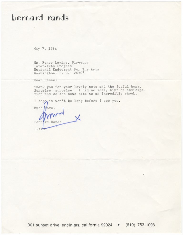 Item #27072 Typed letter signed "Bernard" to the noted music administrator and author Renée Levine Packer. Bernard b. 1934 RANDS.