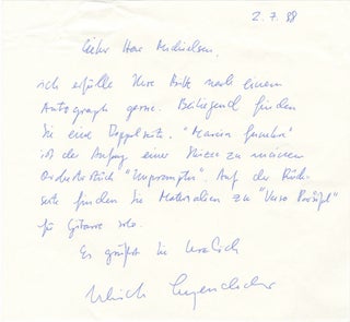 Item #27073 Autograph letter signed in blue ink to Dutch collector Peter Michielsen. Ulrich...