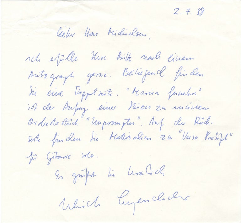 Item #27073 Autograph letter signed in blue ink to Dutch collector Peter Michielsen. Ulrich LEYENDECKER.