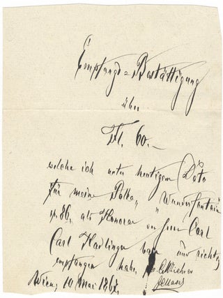 Item #27085 Two manuscript receipts for royalties from the publisher Carl Haslinger, each signed...