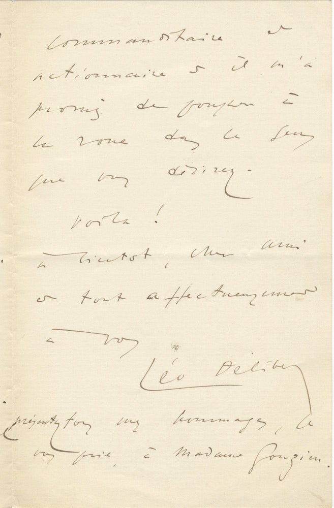 Item #27129 Autograph letter signed to an unidentified male correspondent. Léo DELIBES.