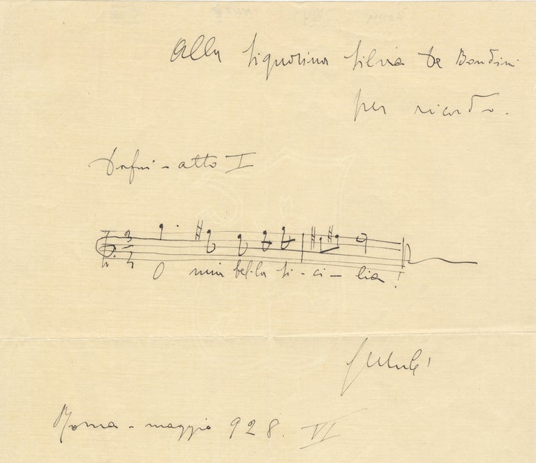 Item #27132 Autograph musical quotation signed "G Mulè" and inscribed to the Italian artist Silvia de Bondini. Giuseppe MULÈ.