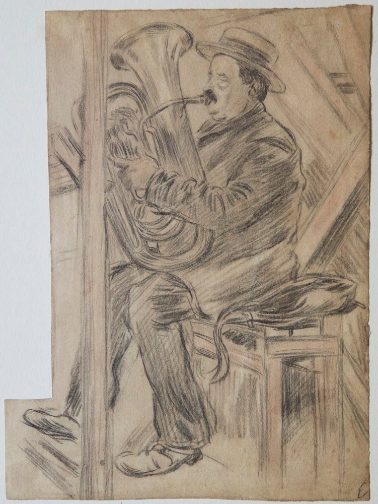 Item #27515 Charming drawing of a tuba player by the French artist Edmond Couturier (1871-1903). The subject, wearing a boater, is sitting on a bench inside what might be a music hall playing a tuba. Late 19th-early 20th century. TUBA.