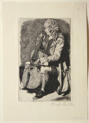 Item #27516 Fine etching of a cello player by British artist Charles Keene (1823-1891). The....