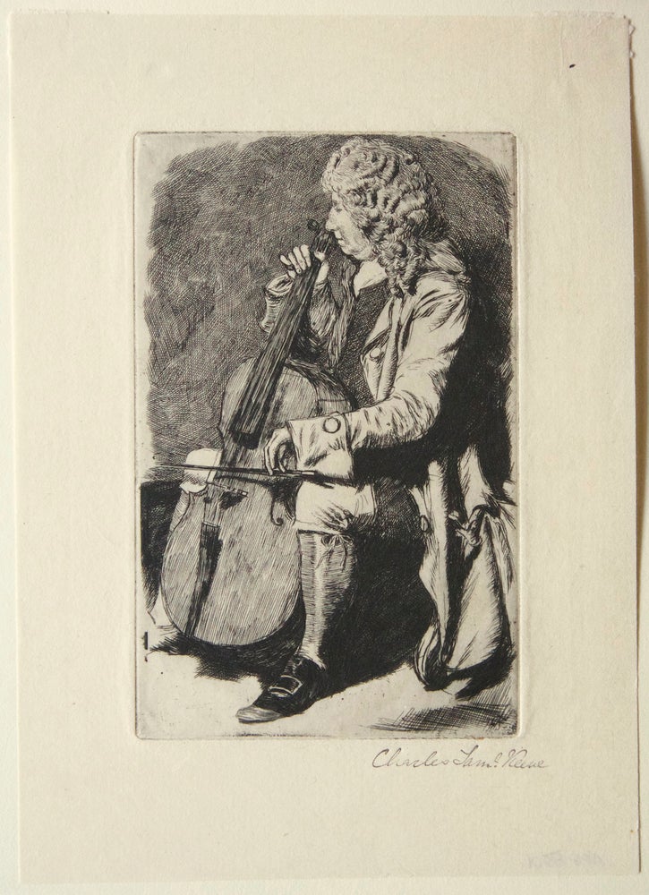 Item #27516 Fine etching of a cello player by British artist Charles Keene (1823-1891). The subject, in a wig and long coat, is depicted seated, bowing his instrument with his right hand, contrary to traditional left-handed bowing practice. VIOLONCELLO.