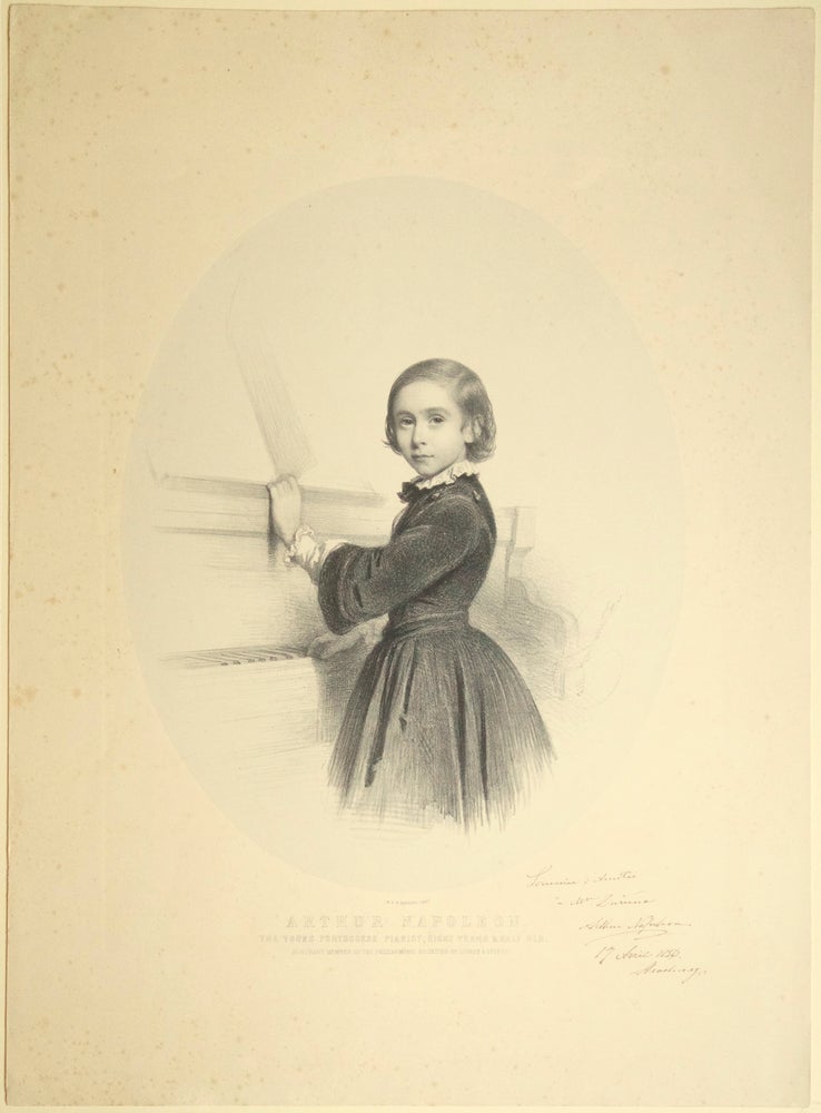 Item #27564 Fine large lithograph by Charles Baugniet (1814-1886) of the Portuguese child prodigy pianist and composer aged 8-1/2. With an autograph inscription signed "Arthur Napoleon" and dated April 17, 1856, Strasbourg in ink to lower right portion of mount. Arthur NAPOLEÃO.