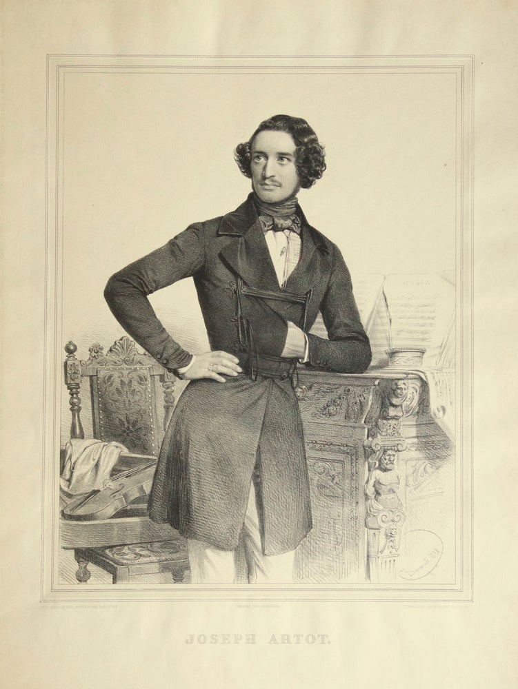Item #27568 Fine large three-quarter length lithograph by Charles Baugniet (1814-1886) of the violinist in formal dress, leaning in Napoleonic stance on a decoratively carved sideboard on which rest an apparent musical manuscript in progress entitled "Adagio," an inkpot, and quill pen, with a violin on a carved chair to the subject's left. Alexandre ARTÔT, Joseph Montagny.