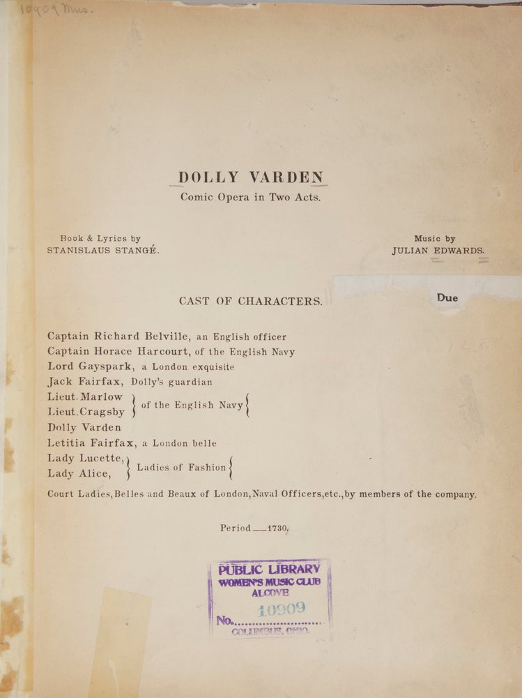 Item #27611 Dolly Varden Comic Opera in Two Acts Book & Lyrics by Stanislaus Stangé. [Piano-vocal score]. Julian EDWARDS.