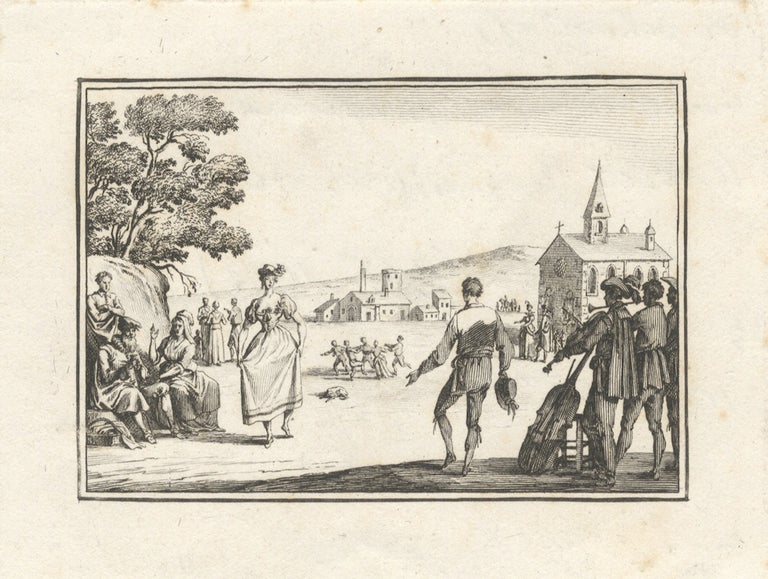 Item #27931 Etching of a 17th century couple dancing with a group of musicians performing in the right foreground, a small group of people dancing in the round in the middleground, a church and other buildings in the background. Ca. 1800, after Callot. Jacques CALLOT.
