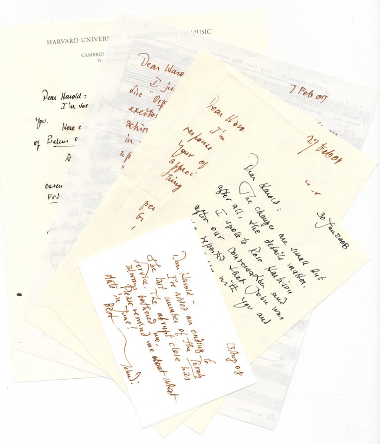 Item #28206 Collection of 12 autograph letters dating from January 2008 to June 2009 discussing a number of the composer's own works including the Friday Evening Service, the Torah Service, O To Be a Dragon, 2 Psalms, etc., all to the award-winning American choral conductor Harold Rosenbaum. Yehudi b. 1929 WYNER.