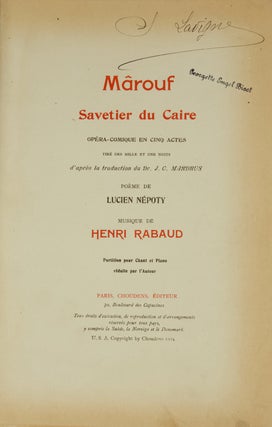 Item #28599 Mârouf Savetier du Caire Opéra-Comique en Cinq Actes Tiré des Mille et Une. Henri...