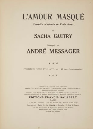 Item #28669 L'Amour Masqué Comédie Musicale en Trois Actes de Sacha Guitry ... Partition Piano....
