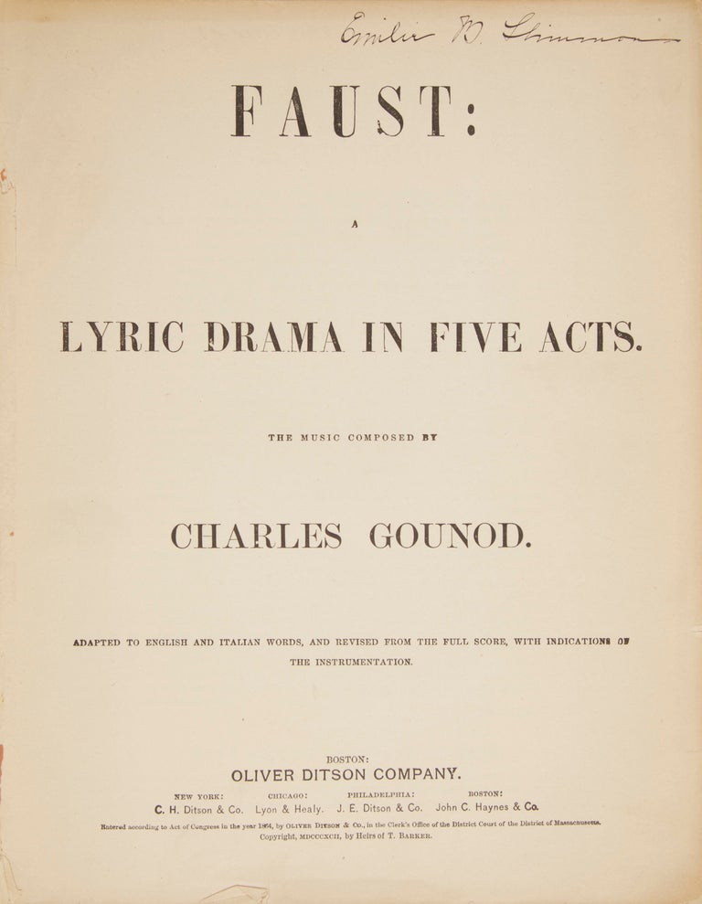 Item #28738 Faust: A Lyric Drama in Five Acts ... Adapted to English and Italian Words, and Revised from the Full Score, with Indications of the Instrumentation. [Piano-vocal score]. Charles GOUNOD.